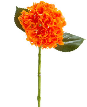 La Flor Artificial Charlotte Hydrangea Real Touch naranja 55 cm tiene una flor de hortensia de color naranja vibrante con pétalos, un tallo verde y dos grandes hojas verdes sobre un fondo blanco.