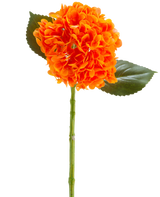 La Flor Artificial Charlotte Hydrangea Real Touch naranja 55 cm tiene una flor de hortensia de color naranja vibrante con pétalos, un tallo verde y dos grandes hojas verdes sobre un fondo blanco.