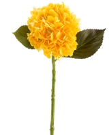 La Flor Artificial Charlotte Hortensia Real Touch en amarillo, 55 cm, es una única flor de hortensia artificial con hojas verdes y un tallo largo, sobre un fondo blanco.
