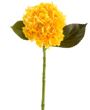 La Flor Artificial Charlotte Hortensia Real Touch en amarillo, 55 cm, es una única flor de hortensia artificial con hojas verdes y un tallo largo, sobre un fondo blanco.