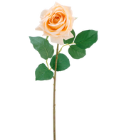 La flor artificial Crystal touch rosa hidratante Real Touch en champán es una única rosa artificial con hojas verdes en un tallo delgado de 43 cm de largo, representada sobre un fondo blanco liso.