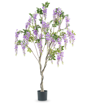 La planta Wisteria artificial de 180 cm tiene un tronco retorcido con ramos realistas de flores violetas y hojas verdes sobre un fondo blanco.
