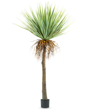 La planta de yuca artificial de 153 cm tiene un tronco alto y rugoso de color marrón con hojas verdes puntiagudas en la parte superior y algunas hojas secas en la parte inferior, sobre un fondo blanco liso.