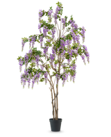 La planta de glicina artificial de 280 cm es un árbol de glicina artificial alto en una maceta negra, con múltiples troncos esbeltos de color marrón y flores en cascada de color púrpura con hojas verdes, sobre un fondo blanco liso.