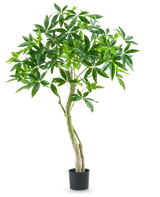 La Planta Artificial Pachira 150 cm es una planta de interior alta en maceta con varios troncos delgados y manojos de hojas anchas y brillantes de color verde sobre un fondo blanco liso.