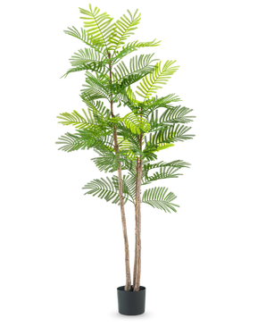 La planta de Helecho Artificial de 150 cm es una planta artificial alta con tallos delgados de color marrón y hojas verdes parecidas a un helecho, en una pequeña maceta negra sobre un fondo blanco liso.