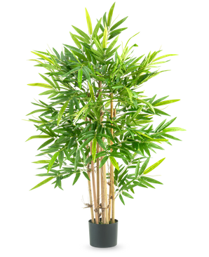 La Planta Artificial Bambú 120 cm es un bambú alto en una maceta con varios tallos finos de color amarillento y muchas hojas verdes, largas y estrechas, sobre un fondo blanco liso.