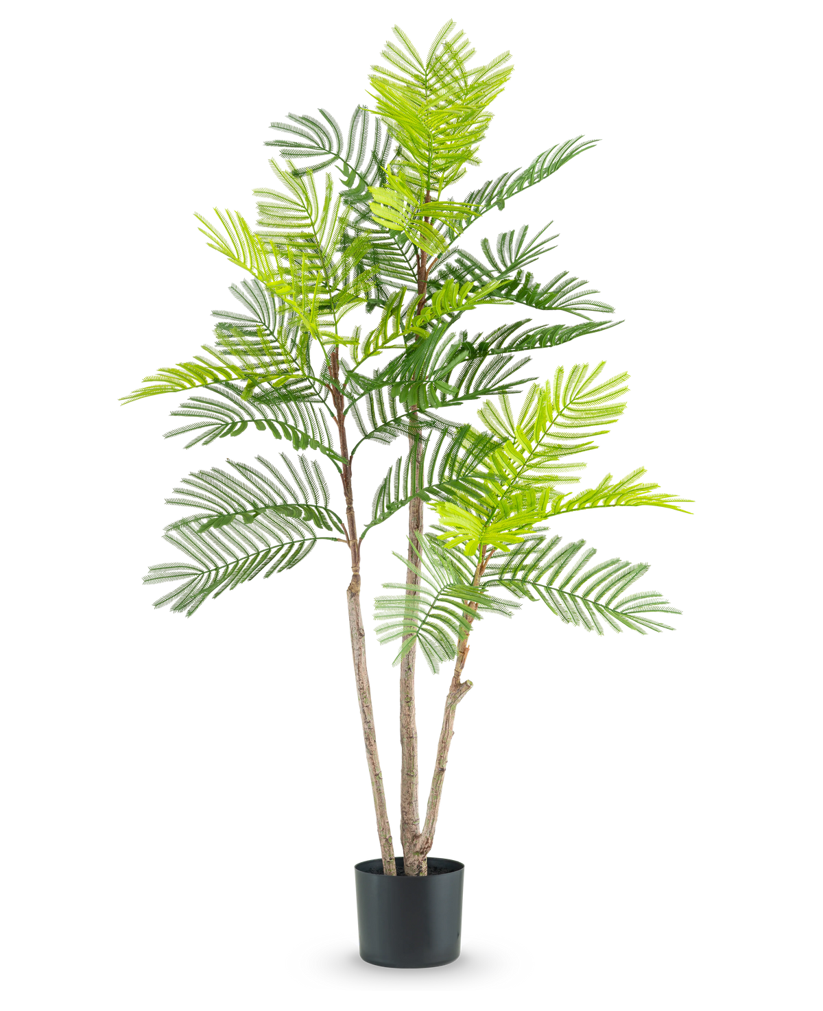 La planta de helecho artificial de 120 cm tiene múltiples tallos delgados de color marrón y exuberantes hojas verdes parecidas a las de un helecho, en una pequeña maceta negra sobre un fondo blanco liso.