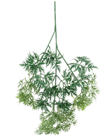 El spray Kunsttak Ming Aralia de 72 cm tiene hojas artificiales verdes, ligeras como una pluma, con bordes finos en forma de agujas en diferentes tonos de verde, que cuelgan boca abajo sobre un fondo blanco.