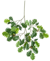 La Rama Artificial Rama de Roble 67 cm FR tiene una rama con varias hojas de roble verdes y algunas bellotas sobre un fondo blanco.