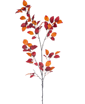 La Rama Artificial Haya Roja 156 cm es una sola rama con múltiples tallos, con vibrantes hojas otoñales de color rojo y naranja sobre un fondo blanco liso.