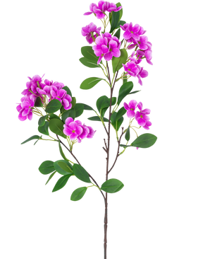 La Flor Artificial Bola de Nieve Real Touch Púrpura de 80 cm presenta un solo tallo con varios racimos de vibrantes flores de color púrpura y exuberantes hojas verdes, bellamente presentadas sobre un fondo blanco.