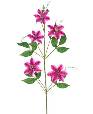 La flor artificial Clemátide doble de 78 cm violeta tiene cinco flores dobles violetas en forma de estrella con hojas verdes y zarcillos rizados sobre tallos delgados, sobre un fondo blanco.