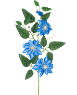 La flor artificial Clemátide grande de 81 cm azul tiene un tallo con varias hojas verdes y cuatro flores de clemátide de color azul brillante, cada una con un corazón blanco y pétalos puntiagudos, sobre un fondo blanco.