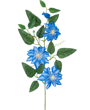La flor artificial Clemátide grande de 81 cm azul tiene un tallo con varias hojas verdes y cuatro flores de clemátide de color azul brillante, cada una con un corazón blanco y pétalos puntiagudos, sobre un fondo blanco.