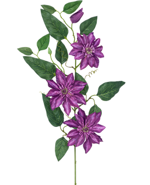 La Flor Artificial Clemátide grande de 81 cm violeta tiene tres grandes flores violetas, hojas verdes, zarcillos rizados y un capullo cerrado en un solo tallo sobre un fondo blanco.