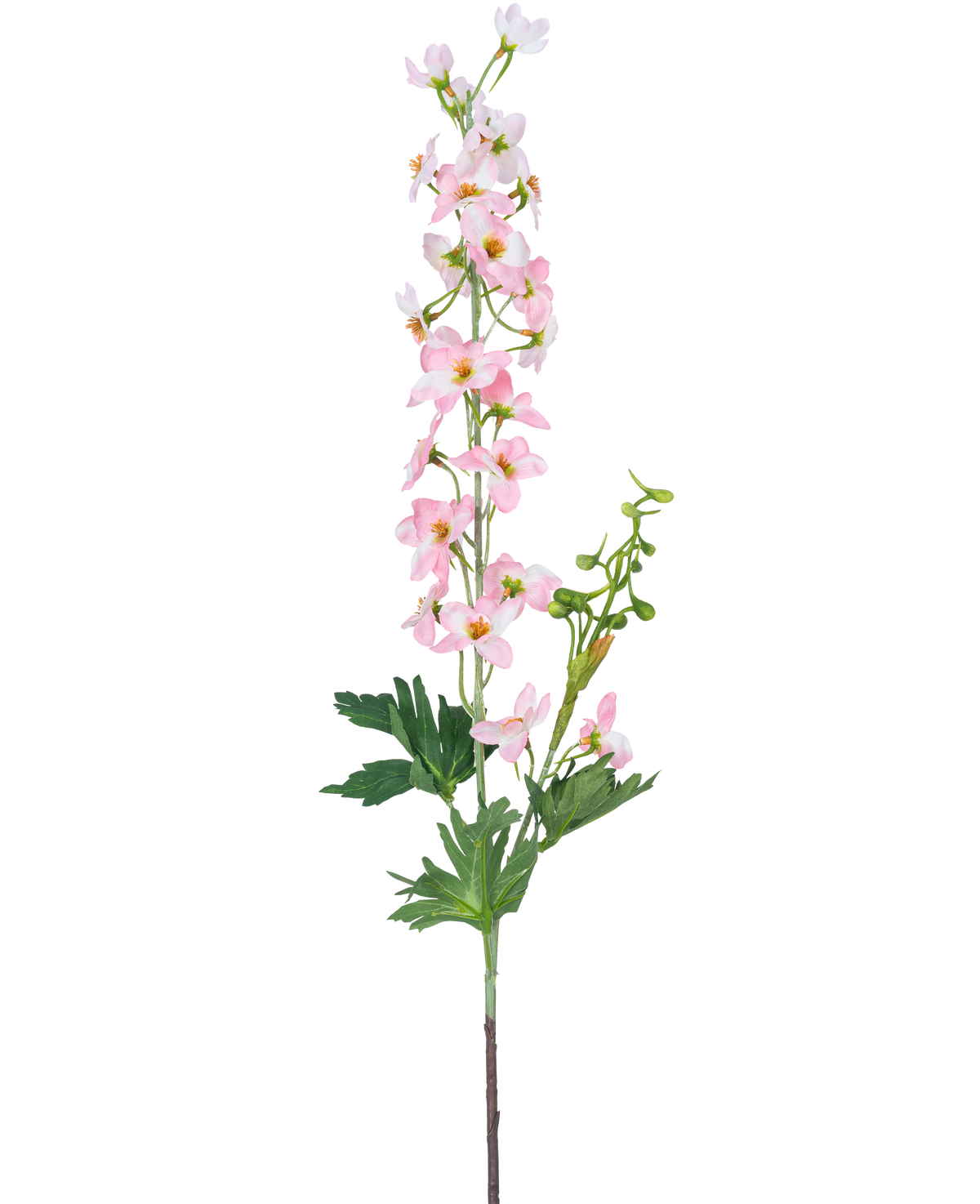 Una única flor artificial Delphinium de 79 cm de color rosa claro tiene múltiples flores pequeñas de color rosa claro y hojas verdes, aisladas sobre un fondo blanco.