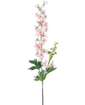 Una única flor artificial Delphinium de 79 cm de color rosa claro tiene múltiples flores pequeñas de color rosa claro y hojas verdes, aisladas sobre un fondo blanco.