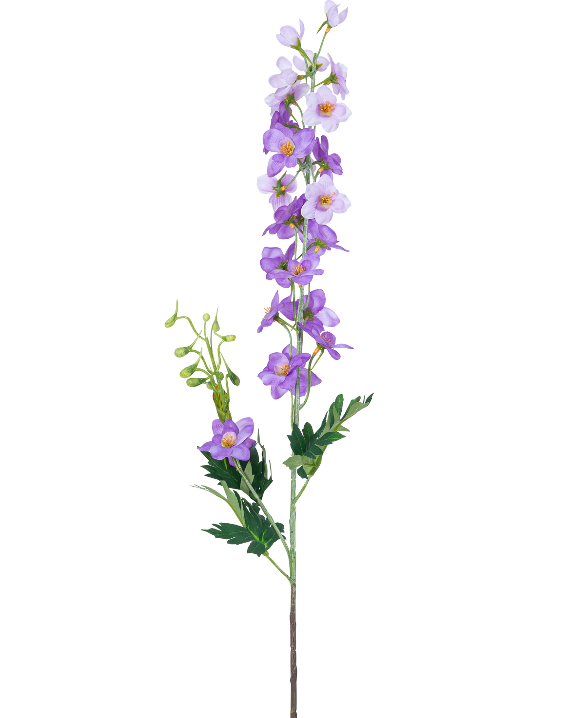 La Flor Artificial Delphinium 79 cm violeta tiene un único tallo verde con múltiples flores de color violeta claro y violeta, corazones amarillos y hojas verdes sobre un fondo blanco liso.