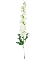 La Flor Artificial Delfinio 79 cm blanca tiene un largo tallo de delfinio blanco con múltiples flores y hojas verdes, aisladas sobre un fondo blanco.
