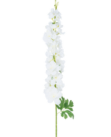 Flor artificial Delphinium 105 cm blanca: un único tallo largo con múltiples flores blancas y hojas verdes, presentado sobre un fondo blanco liso.