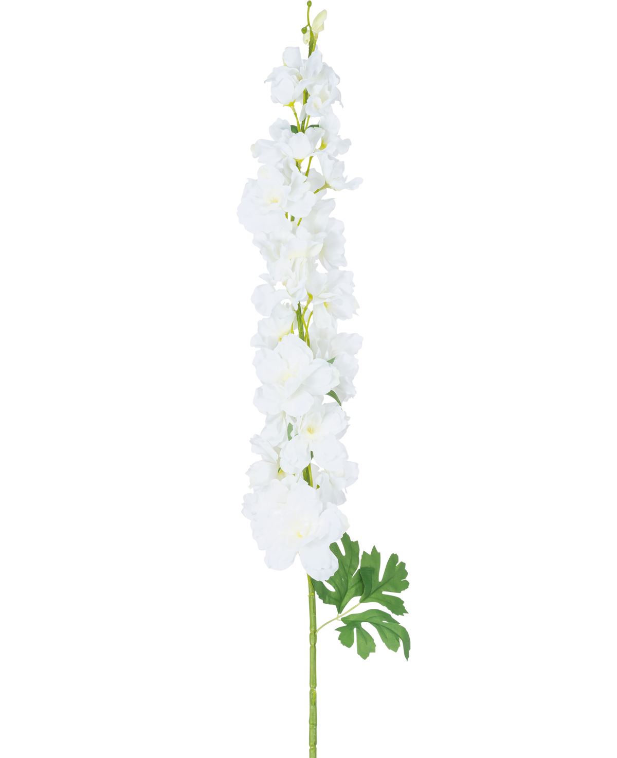 Flor artificial Delphinium 105 cm blanca: un único tallo largo con múltiples flores blancas y hojas verdes, presentado sobre un fondo blanco liso.