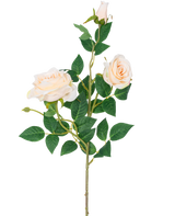 La Rosa Artificial Neo deluxe 75 cm beige tiene un solo tallo con dos rosas en flor de color beige claro, un capullo de rosa y varias hojas verdes, sobre un fondo blanco liso.
