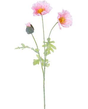 La Flor Artificial Amapola 73 cm rosa claro tiene un solo tallo con dos flores abiertas de amapola rosa claro, un capullo cerrado, volantes en los pétalos, corazones amarillos y hojas verdes sobre fondo blanco.