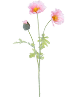La Flor Artificial Amapola 73 cm rosa claro tiene un solo tallo con dos flores abiertas de amapola rosa claro, un capullo cerrado, volantes en los pétalos, corazones amarillos y hojas verdes sobre fondo blanco.