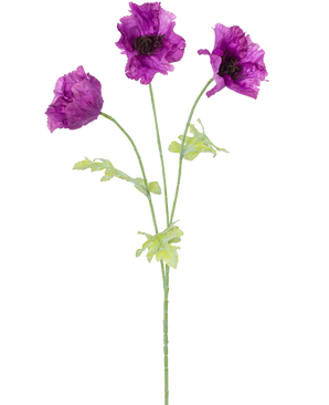 La flor artificial de amapola de 73 cm lila tiene tres flores artificiales de amapola violeta con tallos y hojas verdes, sobre un fondo blanco liso. Los pétalos delicados y ligeramente arrugados añaden textura al arreglo.