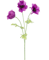 La flor artificial de amapola de 73 cm lila tiene tres flores artificiales de amapola violeta con tallos y hojas verdes, sobre un fondo blanco liso. Los pétalos delicados y ligeramente arrugados añaden textura al arreglo.