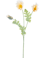 Una delicada ilustración botánica de Flor Artificial de Amapola de 73 cm color crema, con dos flores amarillas abiertas y un capullo cerrado sobre tallos verdes con hojas dentadas, sobre un fondo blanco.