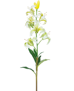 La Flor Artificial Martagon Lily 78 cm blanca tiene un tallo largo con varias flores y capullos de lirio blanco, un corazón amarillo y hojas verdes, aisladas sobre un fondo blanco.