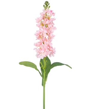 La flor artificial Violier 78 cm rosa es una única flor artificial de color rosa claro con múltiples flores pequeñas a lo largo del tallo vertical y hojas verdes, sobre un fondo blanco.