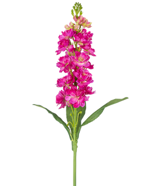 Una sola flor artificial Violier de 78 cm fucsia con múltiples flores de color rosa vibrante y hojas verdes sobre un fondo blanco liso.
