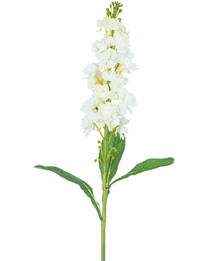 La flor artificial Violier 78 cm blanca tiene un tallo largo con flores blancas en racimos en la parte superior y largas hojas verdes, sobre un fondo blanco liso.