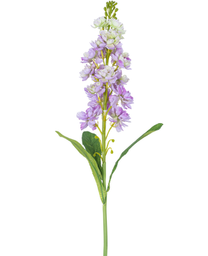 Una única flor de Violier artificial de 78 cm en color violeta claro y blanco con hojas verdes, sobre un fondo blanco.