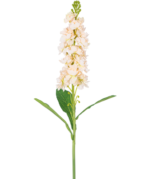 Una sola flor artificial Violier de 78 cm color crema tiene múltiples flores color crema claro y hojas verdes sobre un fondo blanco liso.