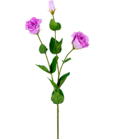 El Eustoma Artificial Real Touch Rosa 72 cm tiene un único tallo verde con tres rosas artificiales de color violeta claro en diferentes etapas de floración y diferentes hojas verdes, representadas sobre un fondo blanco.