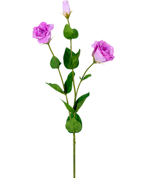 El Eustoma Artificial Real Touch Rosa 72 cm tiene un único tallo verde con tres rosas artificiales de color violeta claro en diferentes etapas de floración y diferentes hojas verdes, representadas sobre un fondo blanco.