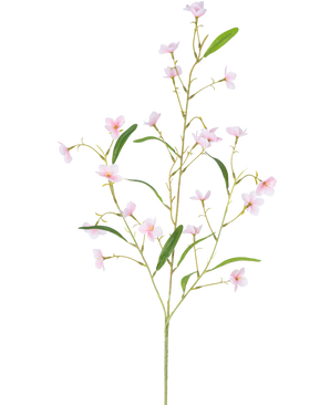 La Flor Artificial Alstroemeria Real Touch Rosa 100 cm tiene un solo tallo con múltiples ramas delgadas, hojas verdes y pequeñas flores rosadas de cinco pétalos repartidas a lo largo del tallo, todo ello sobre un fondo blanco.
