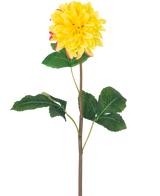 La Flor Artificial Dalia Real Touch Amarilla 73 cm es una única dalia amarilla con pétalos redondos y detalles en rojo, con un largo tallo verde y varias hojas grandes de color verde, sobre un fondo blanco.