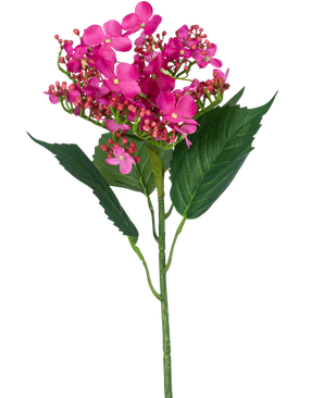 Una hortensia de mariposa con flor artificial, de 72 cm de altura, con flores artificiales de color rosa brillante y hojas verdes, sobre un fondo blanco.