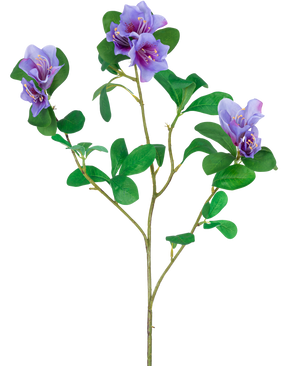 La Flor Artificial Rododendro Azalea 73 cm violeta tiene un tallo con hojas verdes y tres ramos de flores violetas con detalles amarillos y blancos, aisladas sobre un fondo blanco.