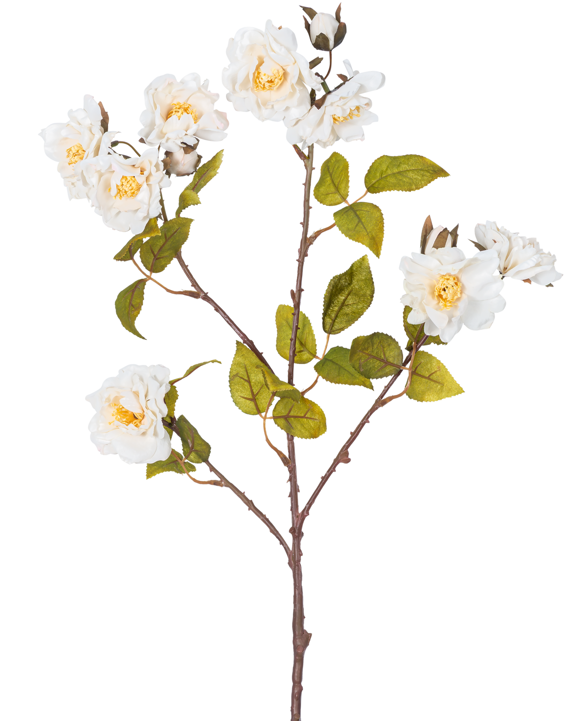 La Rosa Artificial Rama 72 cm blanca tiene un único tallo marrón con múltiples ramas, hojas verdes y varias flores grandes blancas con centro amarillo, aisladas sobre un fondo blanco.