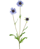 La flor artificial Scabiosa 63 cm azul tiene un solo tallo verde con tres ramas, cada una coronada con una flor de color azul violeta claro, parecida a una margarita, y hojas verdes oscuras y alargadas en el centro, todo ello sobre un fondo blanco liso.