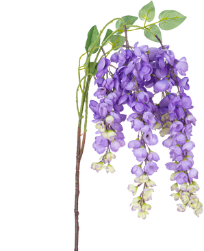 Una flor de glicina artificial de 115 cm de color violeta con flores de glicina violeta y hojas verdes sobre un fondo blanco.
