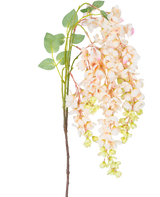 La Flor Artificial Glicina 100 cm crema tiene un solo tallo con ramilletes de flores de glicina rosa claro y crema, capullos verdes y hojas verdes sobre un fondo blanco.