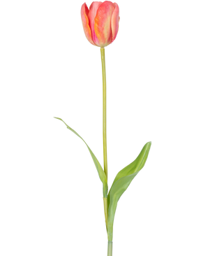 Una única flor artificial de tulipán francés de 63 cm de color naranja con un largo tallo verde y dos hojas verdes, aislada sobre un fondo blanco.