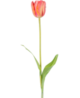 Una única flor artificial de tulipán francés de 63 cm de color naranja con un largo tallo verde y dos hojas verdes, aislada sobre un fondo blanco.